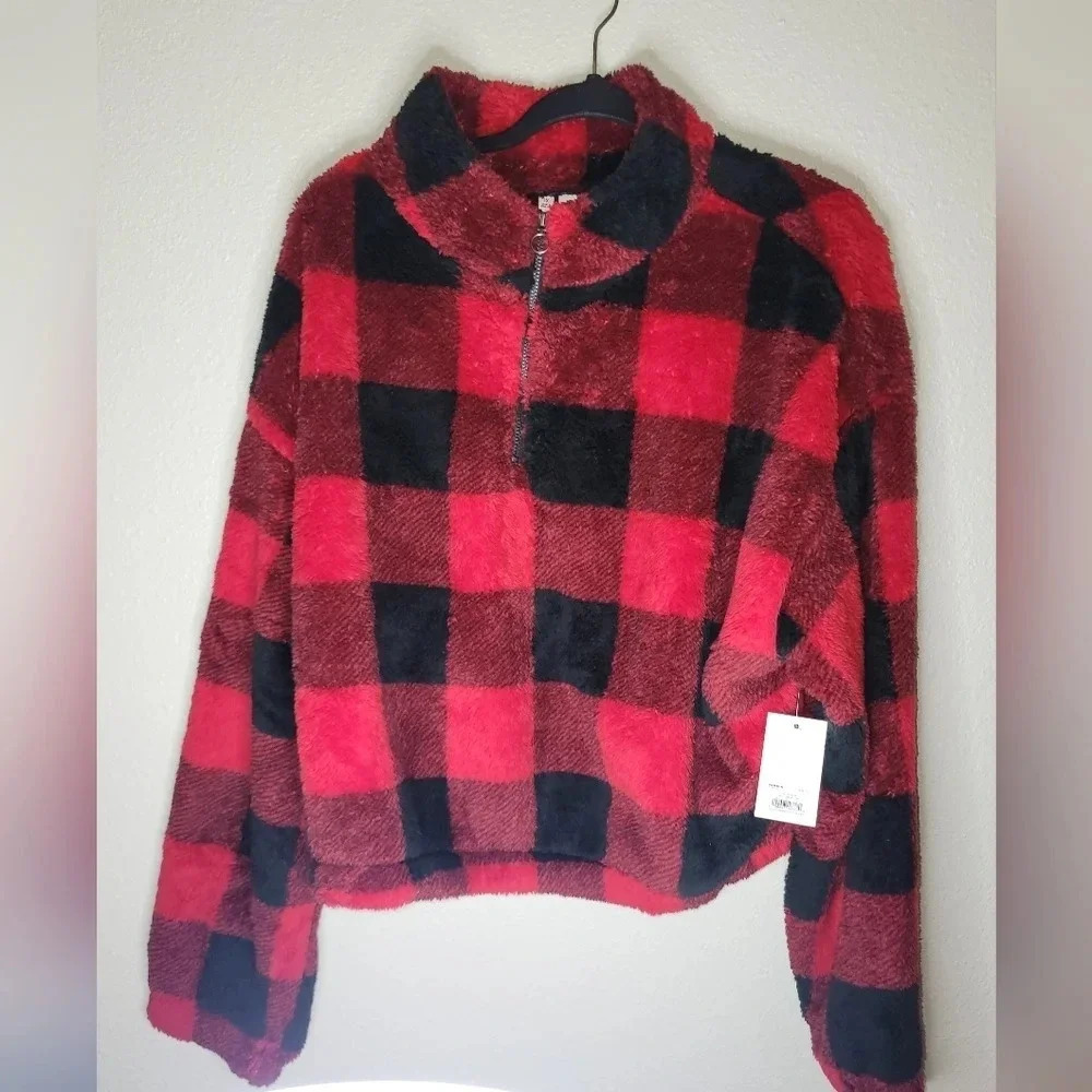 SO Sherpa Pullover Long Crop 1/4 Zip Red Black Buffalo Plaid Fleece Xtra Large